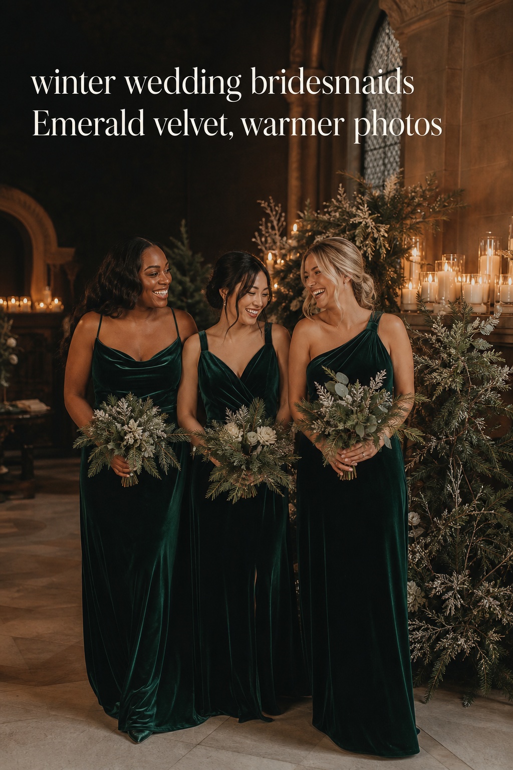 winter wedding bridesmaids in emerald velvet gowns at a candlelit indoor venue