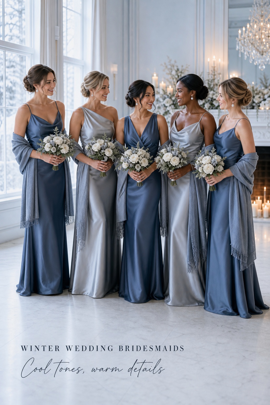 winter wedding bridesmaids in cabernet satin gowns with varied silhouettes