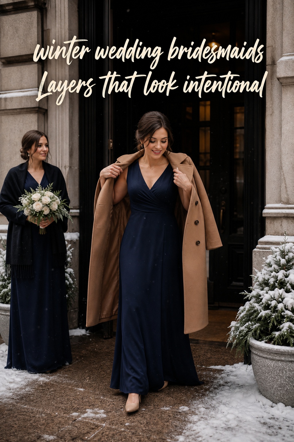 winter wedding bridesmaids in slate blue and silver satin gowns with wraps