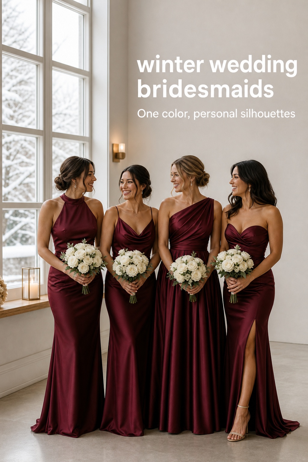 winter wedding bridesmaids styling a wool coat over a navy crepe gown