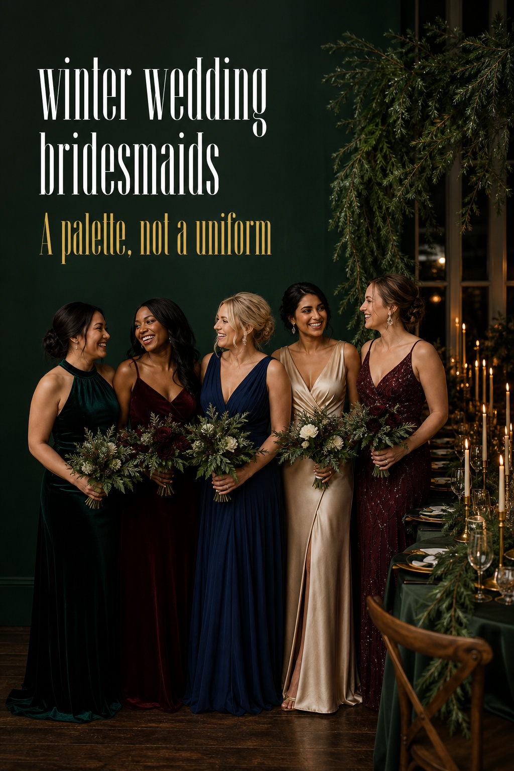 winter wedding bridesmaids in emerald cabernet and navy gowns at reception