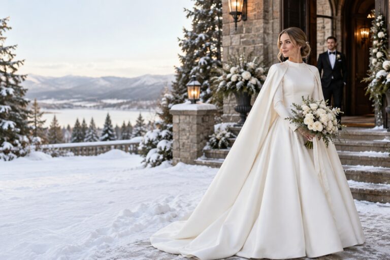 winter wedding dress ivory Mikado gown and cape at snowy venue