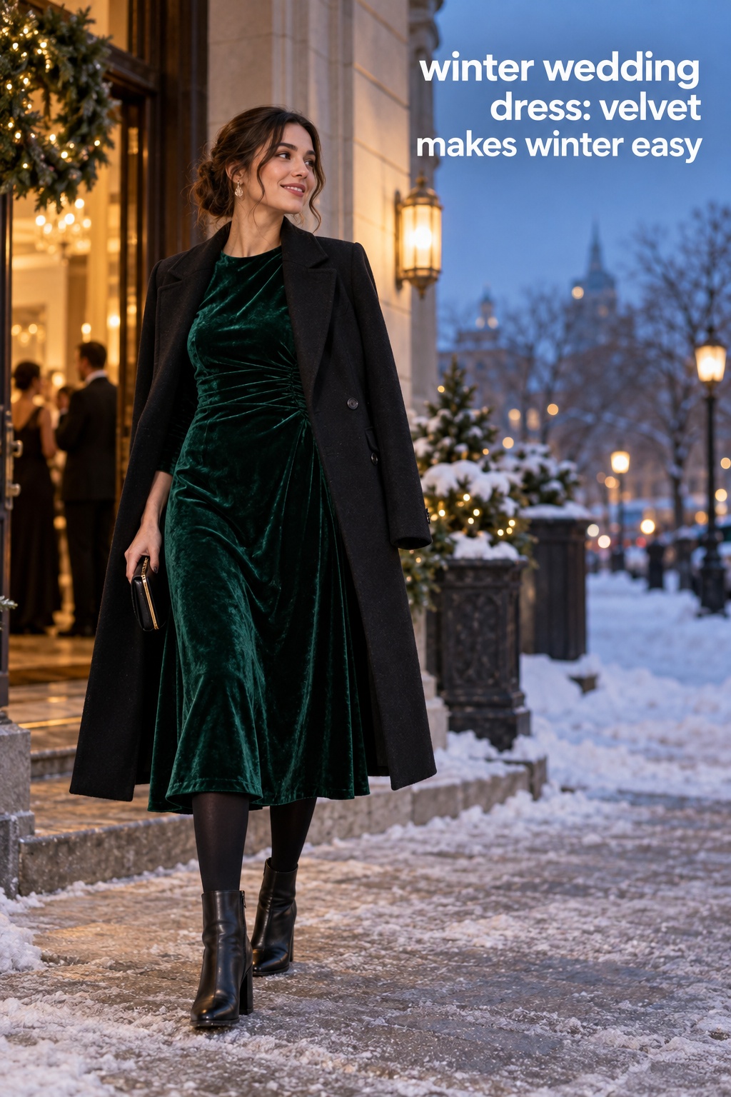 winter wedding dress emerald velvet midi with tailored wool coat