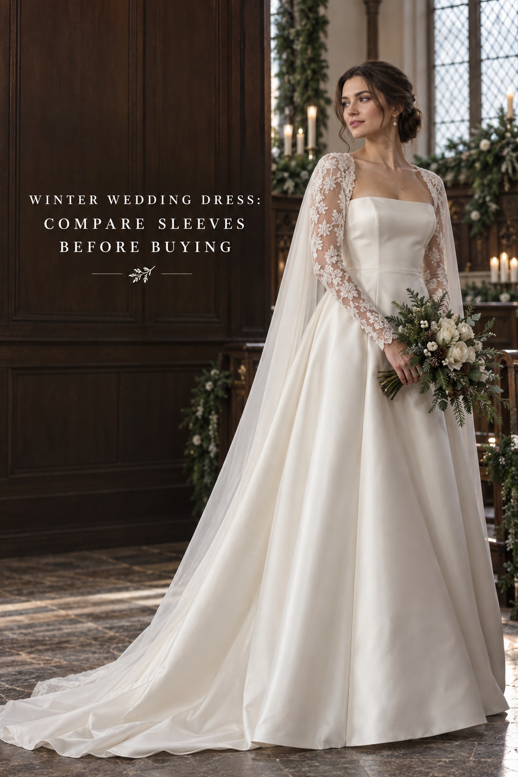 winter wedding dress satin A-line with detachable lace sleeves