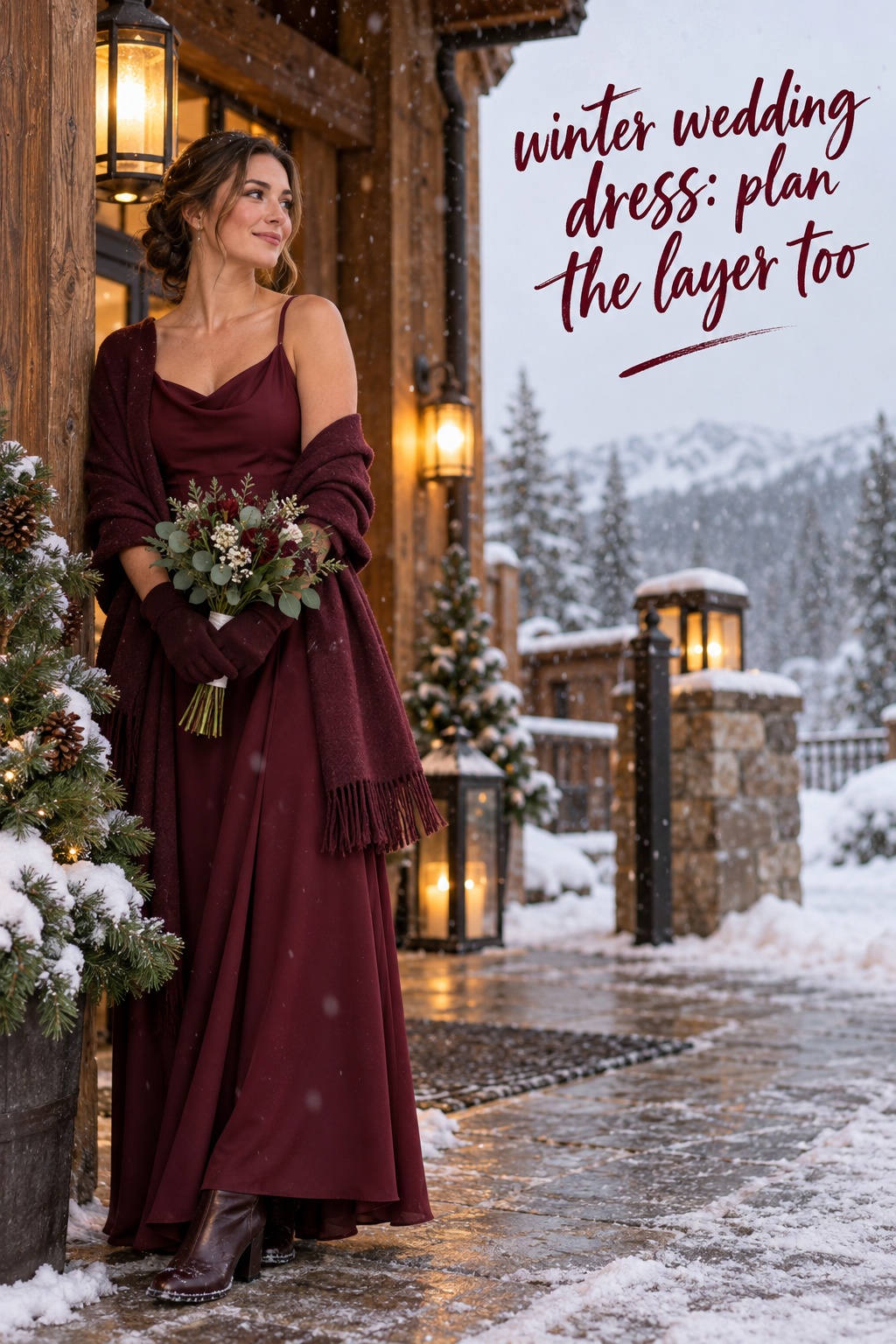 winter wedding dress burgundy crepe with matching wrap and boots