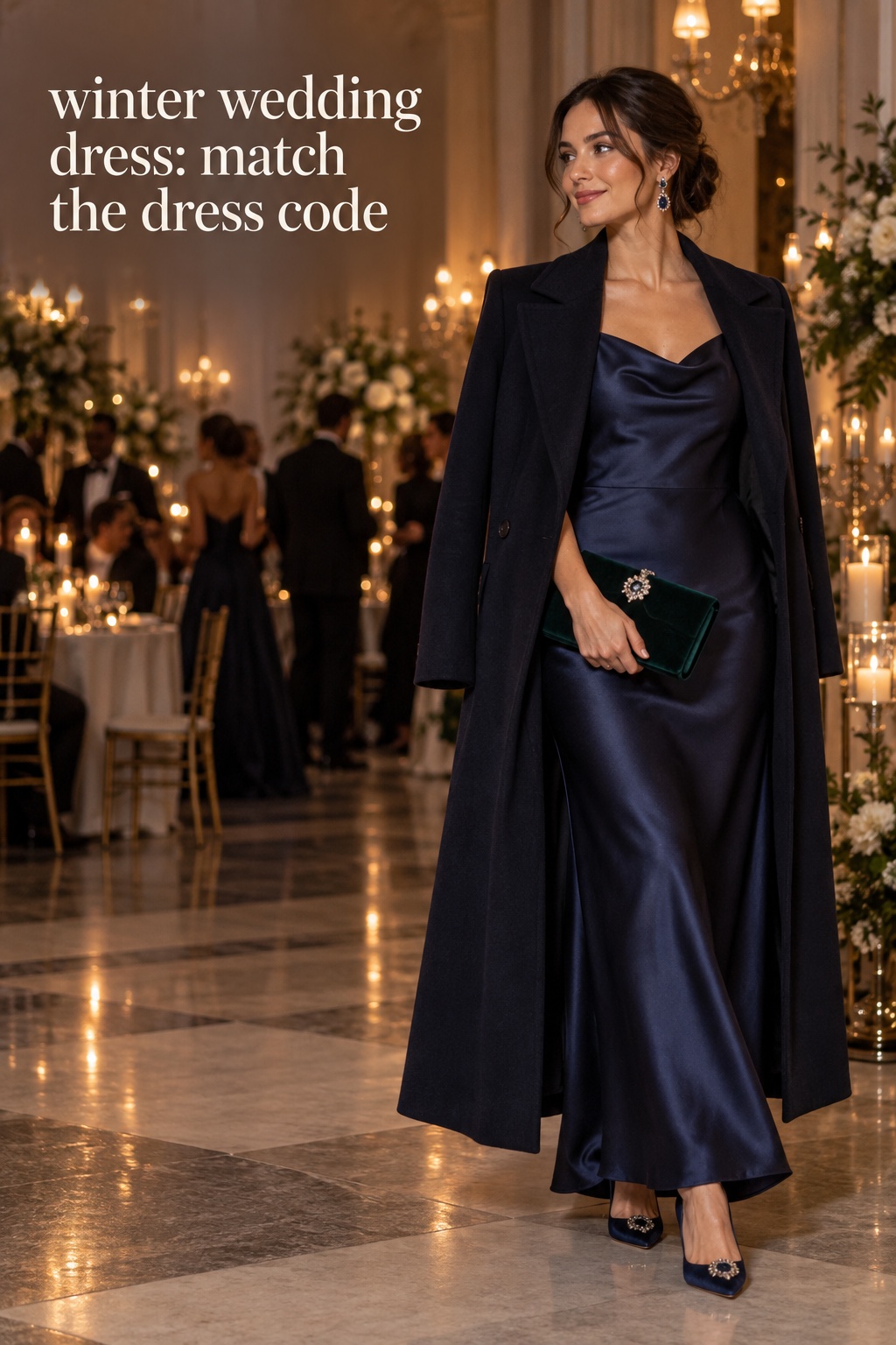 winter wedding dress navy satin formal guest look with long coat