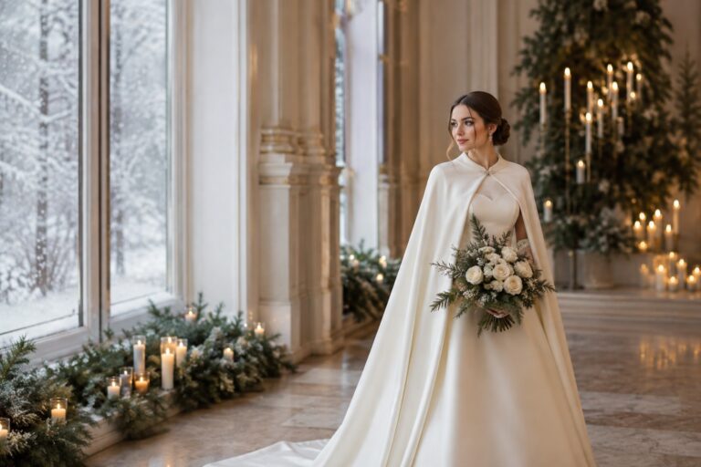 winter wedding dresses ivory bridal gown with cape in a candlelit venue