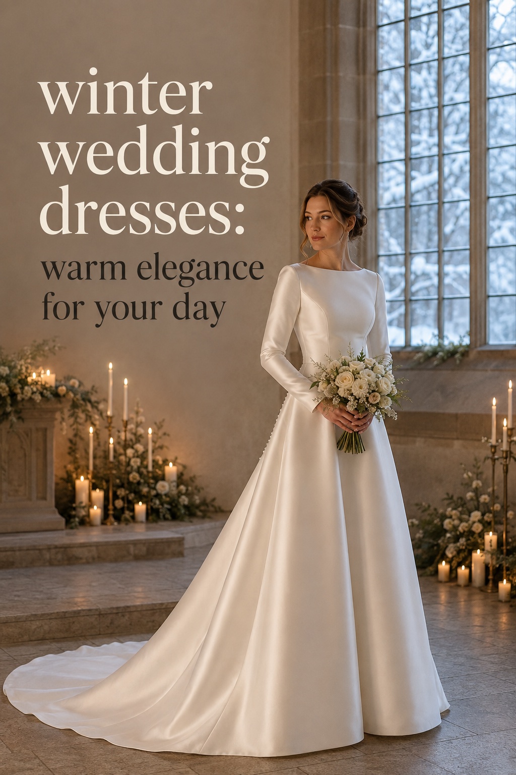 winter wedding dresses ivory satin long-sleeve gown in a candlelit chapel