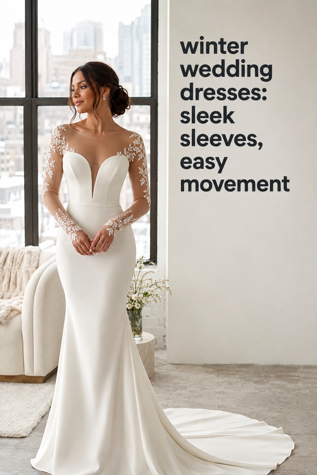 winter wedding dresses modern ivory crepe gown with illusion sleeves