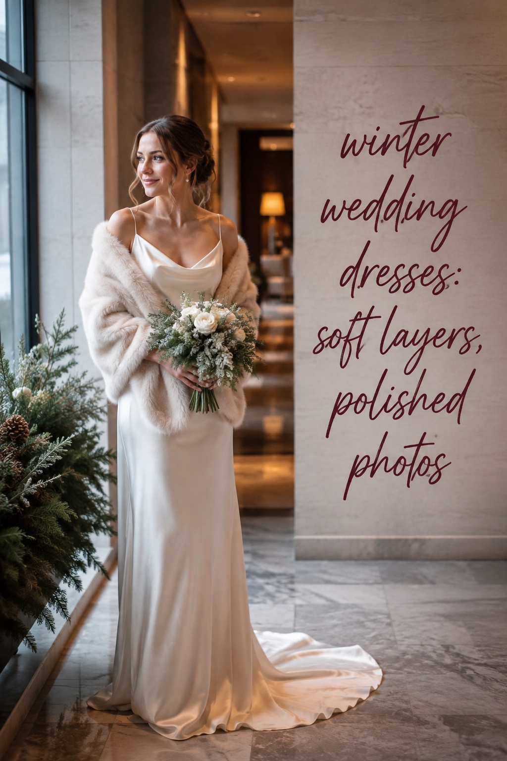 winter wedding dresses ivory gown styled with a faux-fur stole