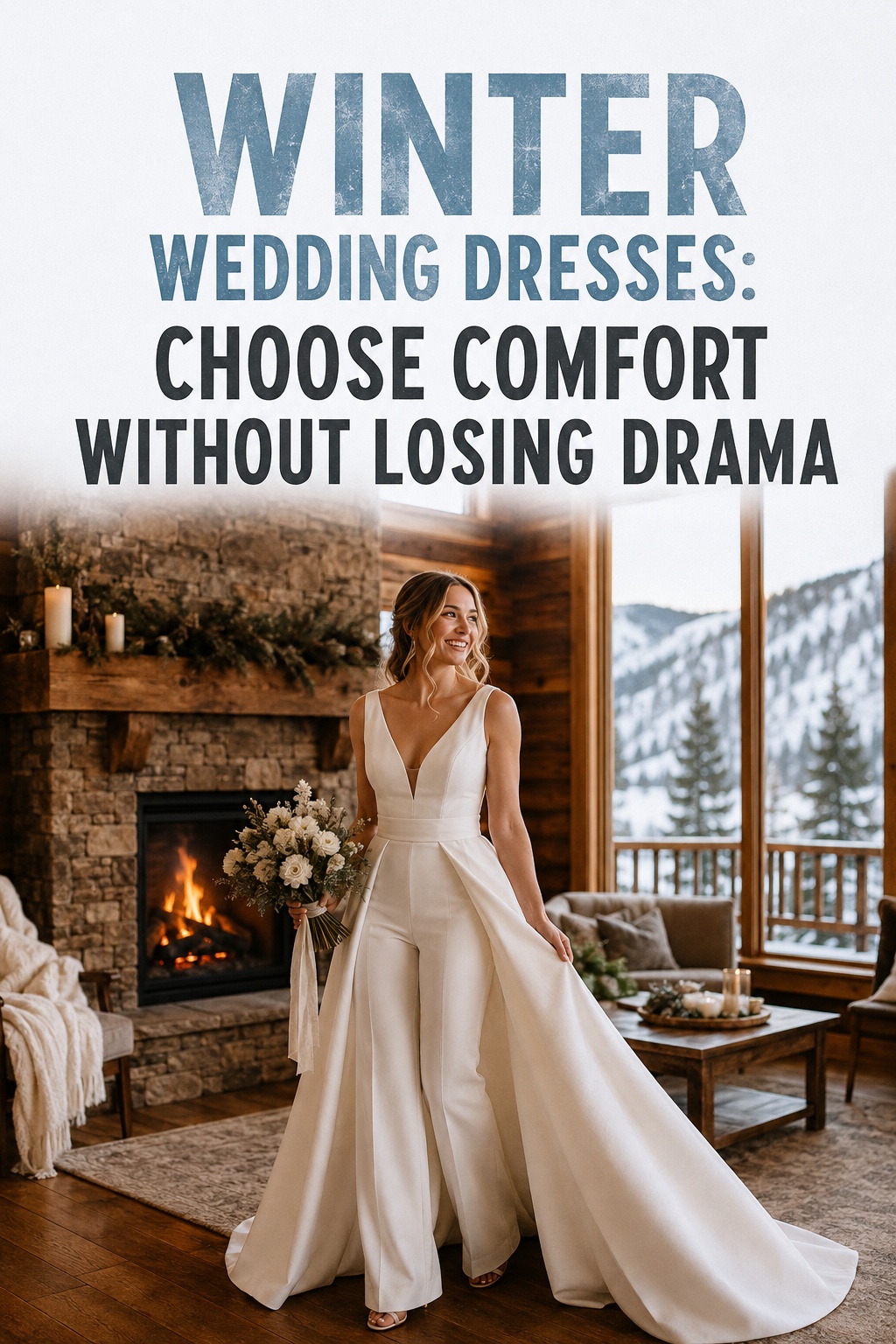 winter wedding dresses ivory bridal jumpsuit with detachable overskirt