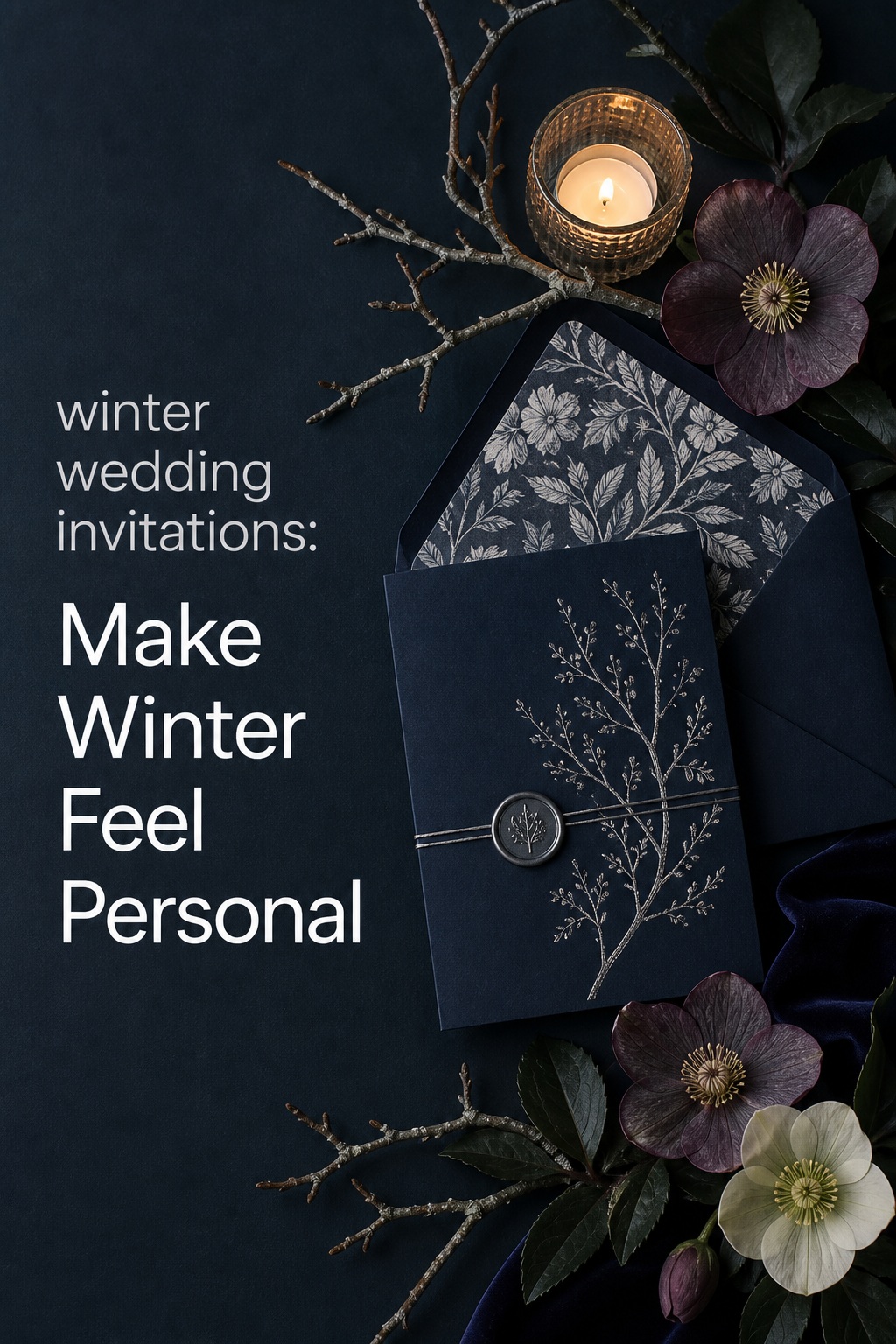 winter wedding invitations in a dark botanical navy and evergreen design