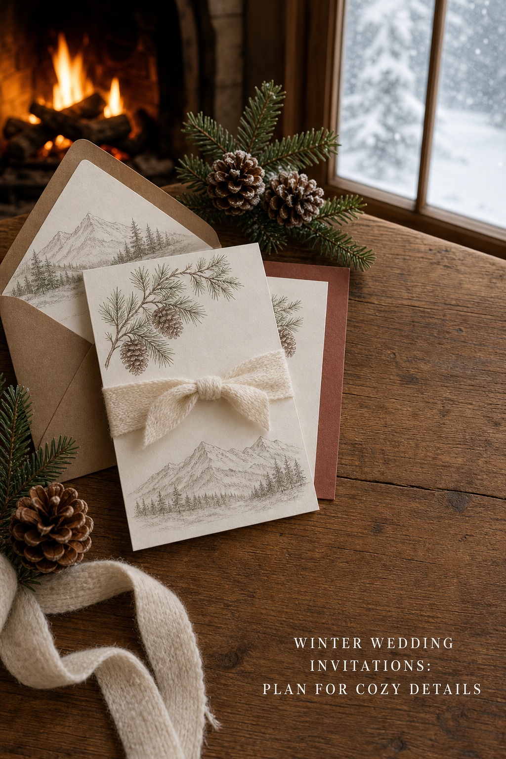 winter wedding invitations with cozy lodge kraft paper and evergreen details