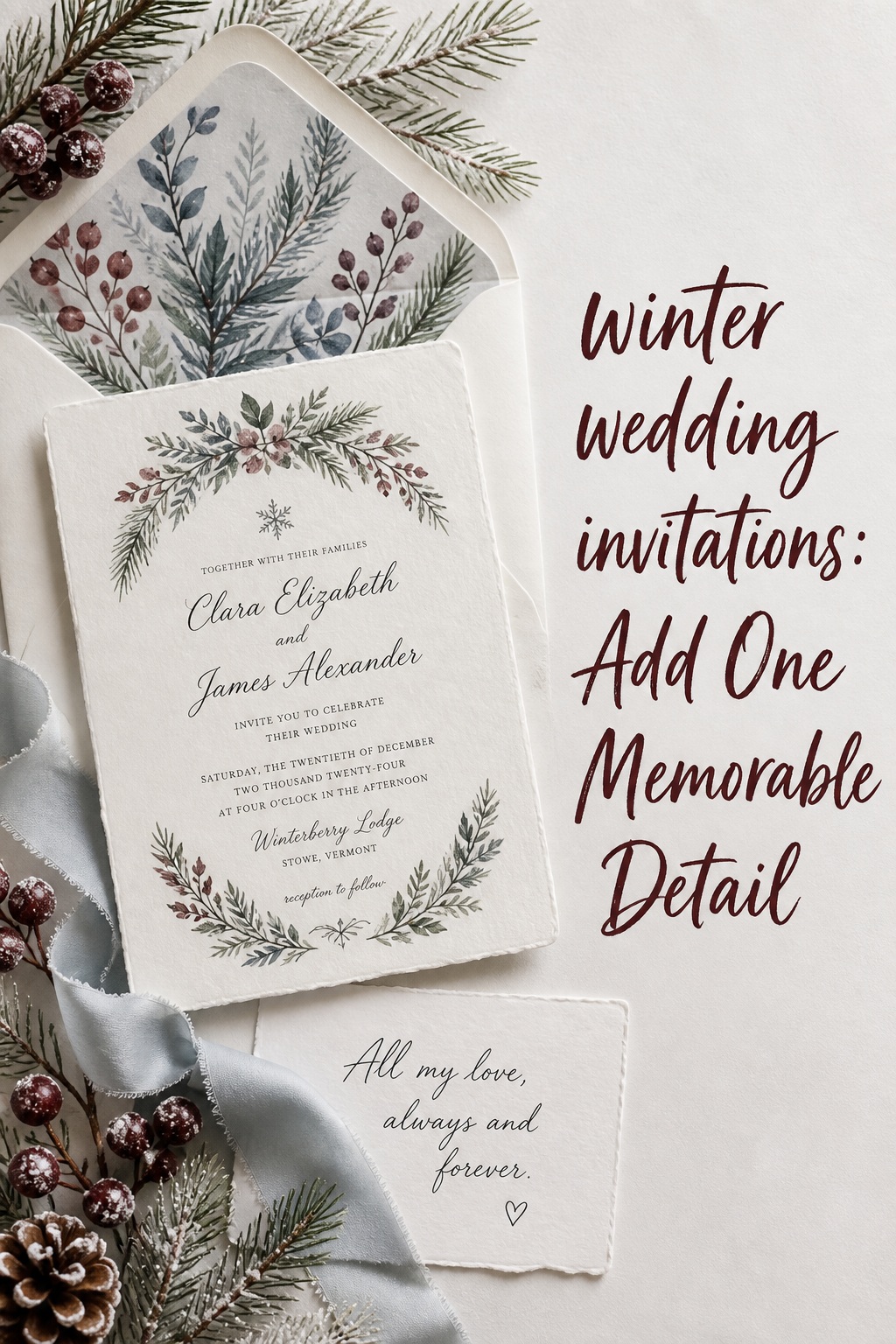 winter wedding invitations with romantic botanical watercolor and burgundy berries