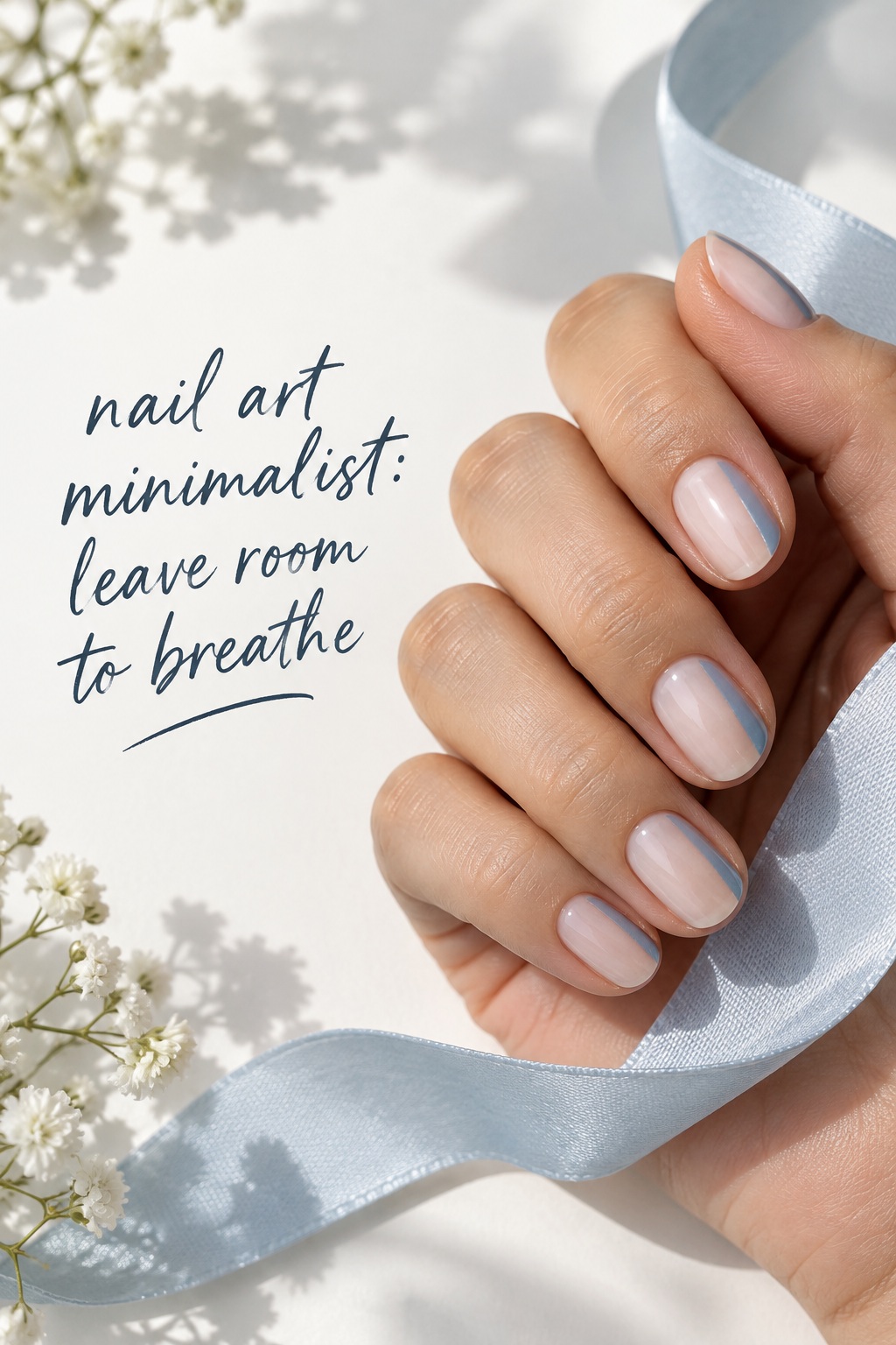 nail art minimalist milky nails with a muted blue negative-space stripe