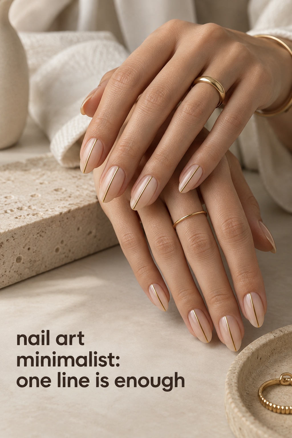 nail art minimalist nude almond nails with one metallic gold line