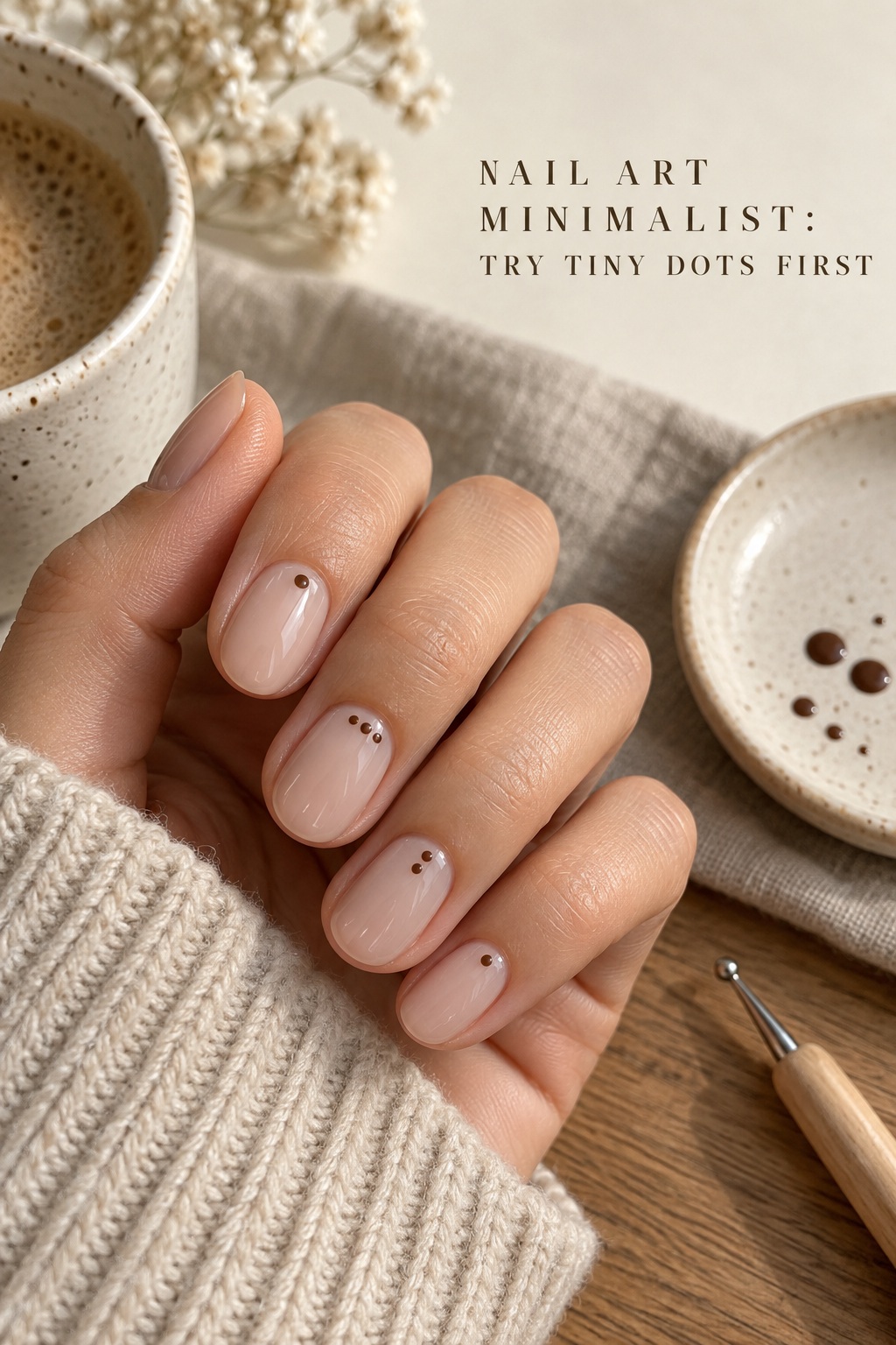nail art minimalist sheer beige nails with sparse cocoa cuticle dots
