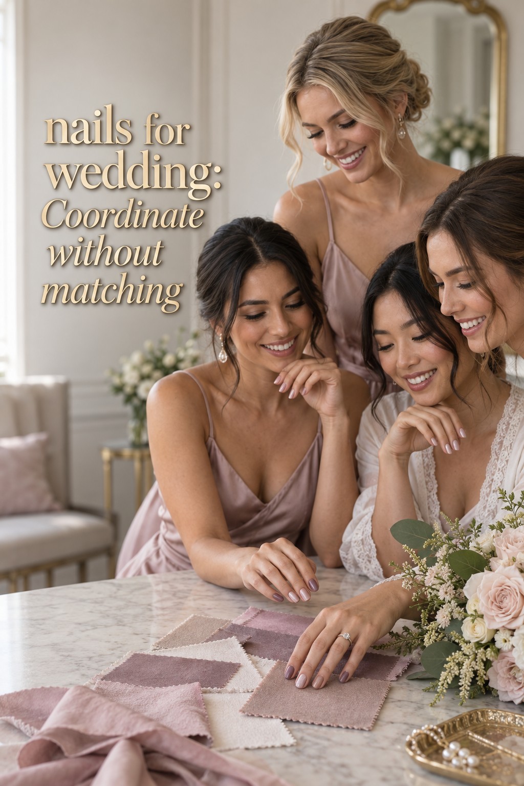 nails for wedding with coordinated mauve and pearl bridesmaid manicures