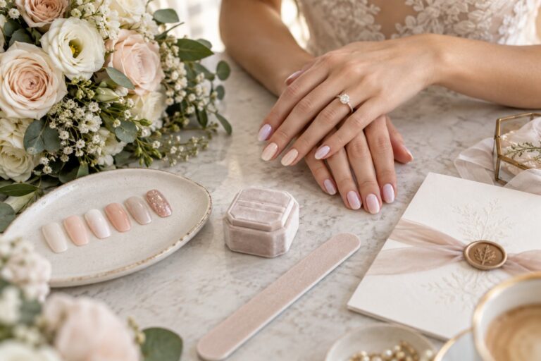 nails for wedding planning scene with pearl manicure, ring, bouquet, and swatches