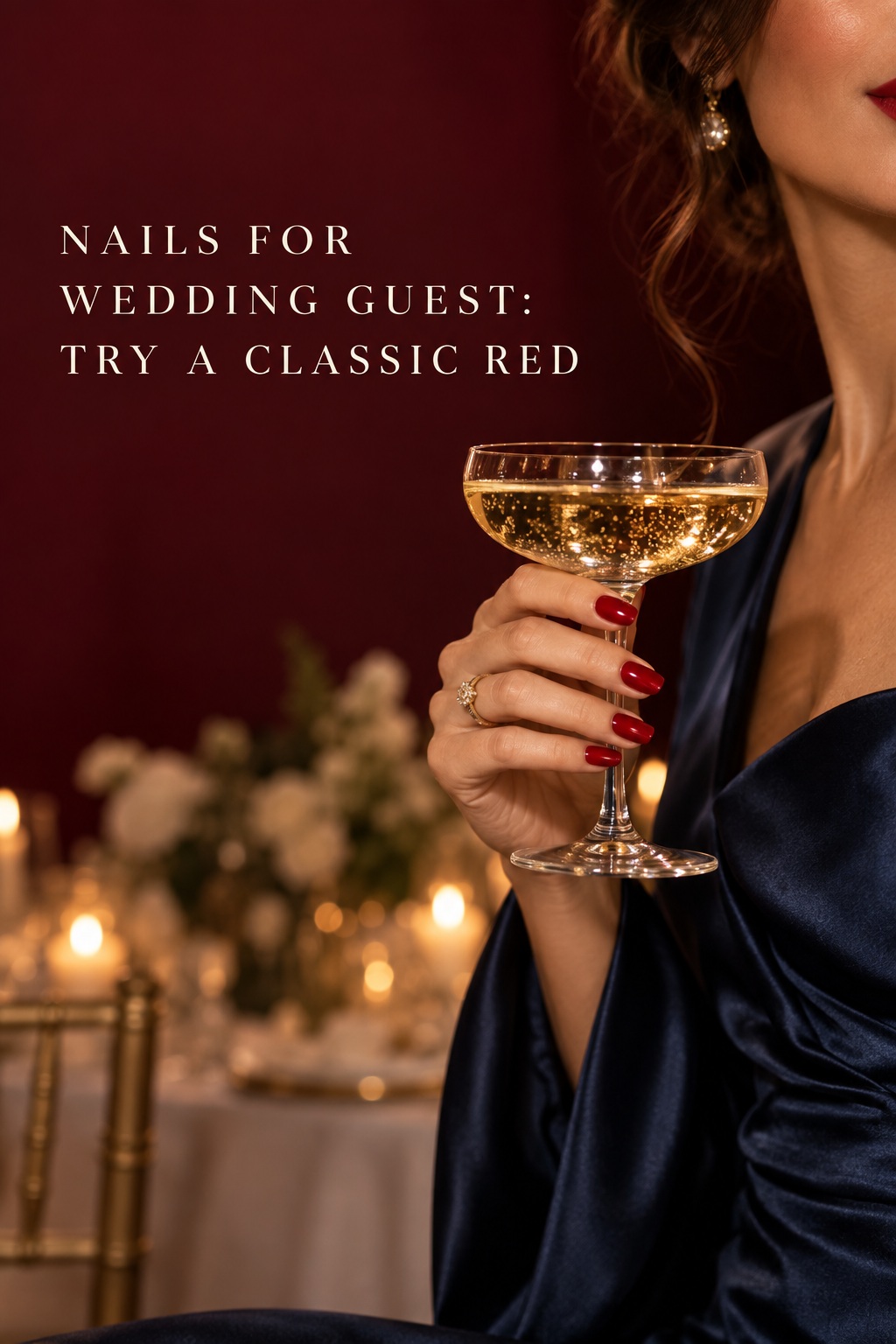 nails for wedding guest in classic glossy red with navy evening styling