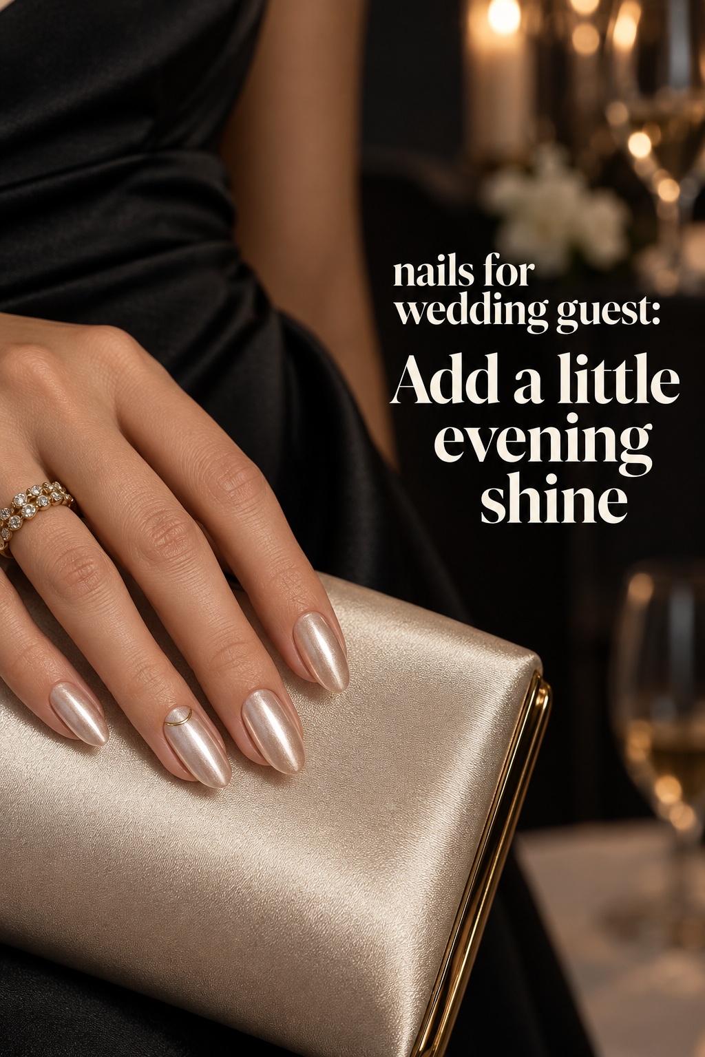 nails for wedding guest with champagne chrome and a fine gold half moon