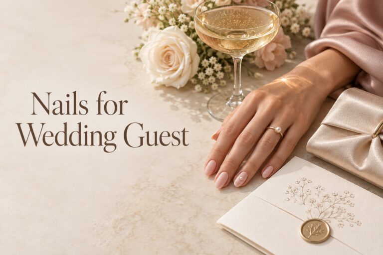 nails for wedding guest in soft blush beside champagne flowers and invitation