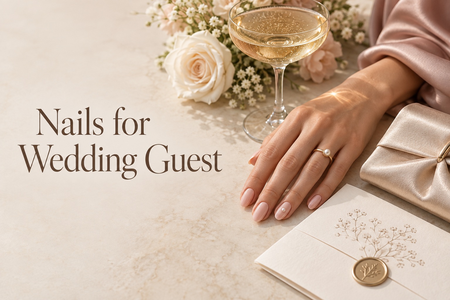 nails for wedding guest in soft blush beside champagne flowers and invitation