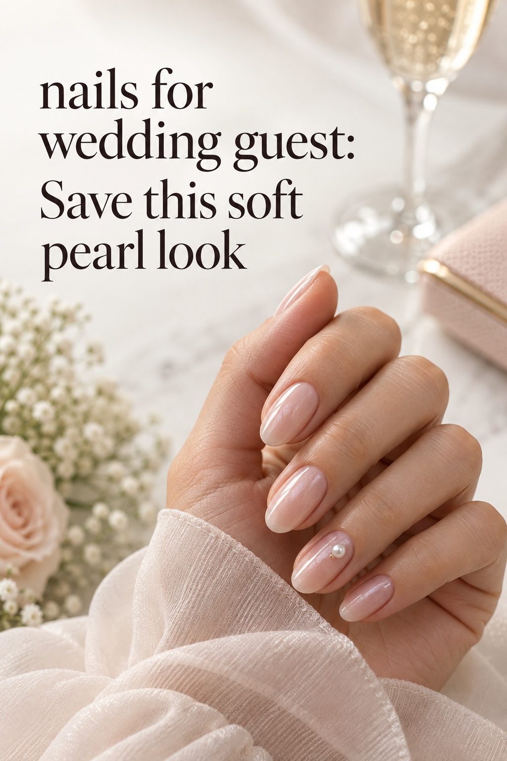 nails for wedding guest in soft blush pink with a pearl accent