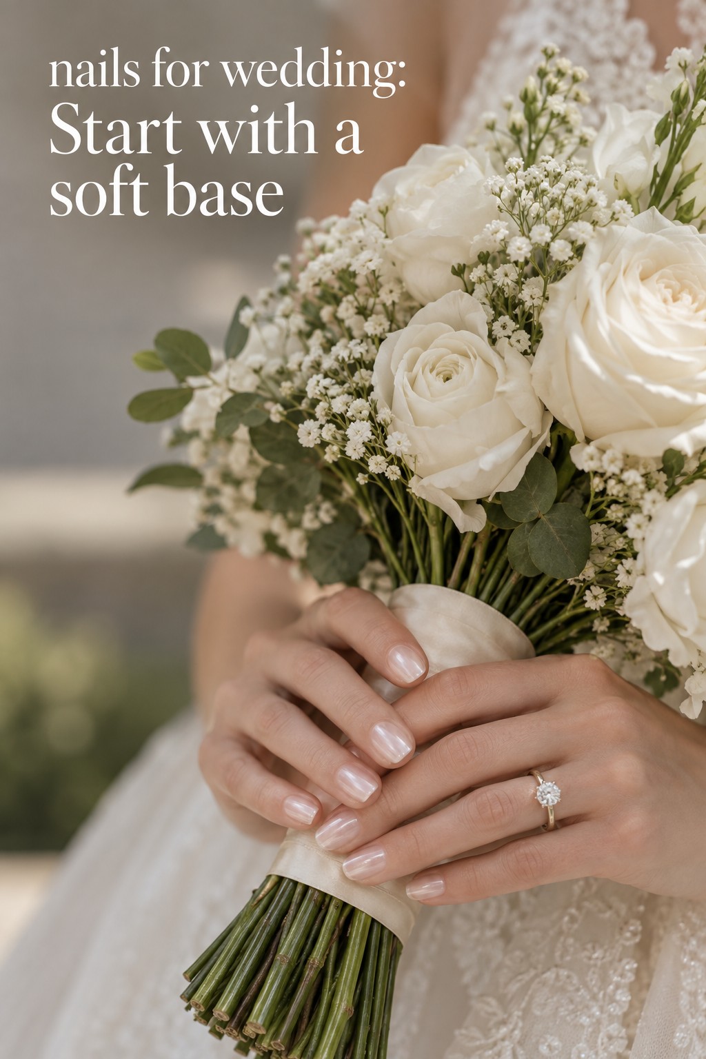 nails for wedding with a soft blush pearl manicure and ivory bouquet