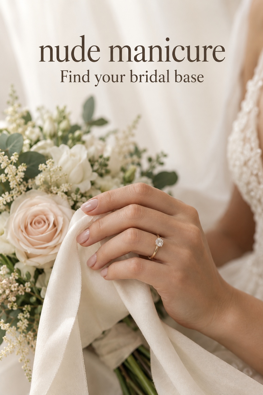 Nude manicure with rosy polish, gold engagement ring and ivory bridal ribbon