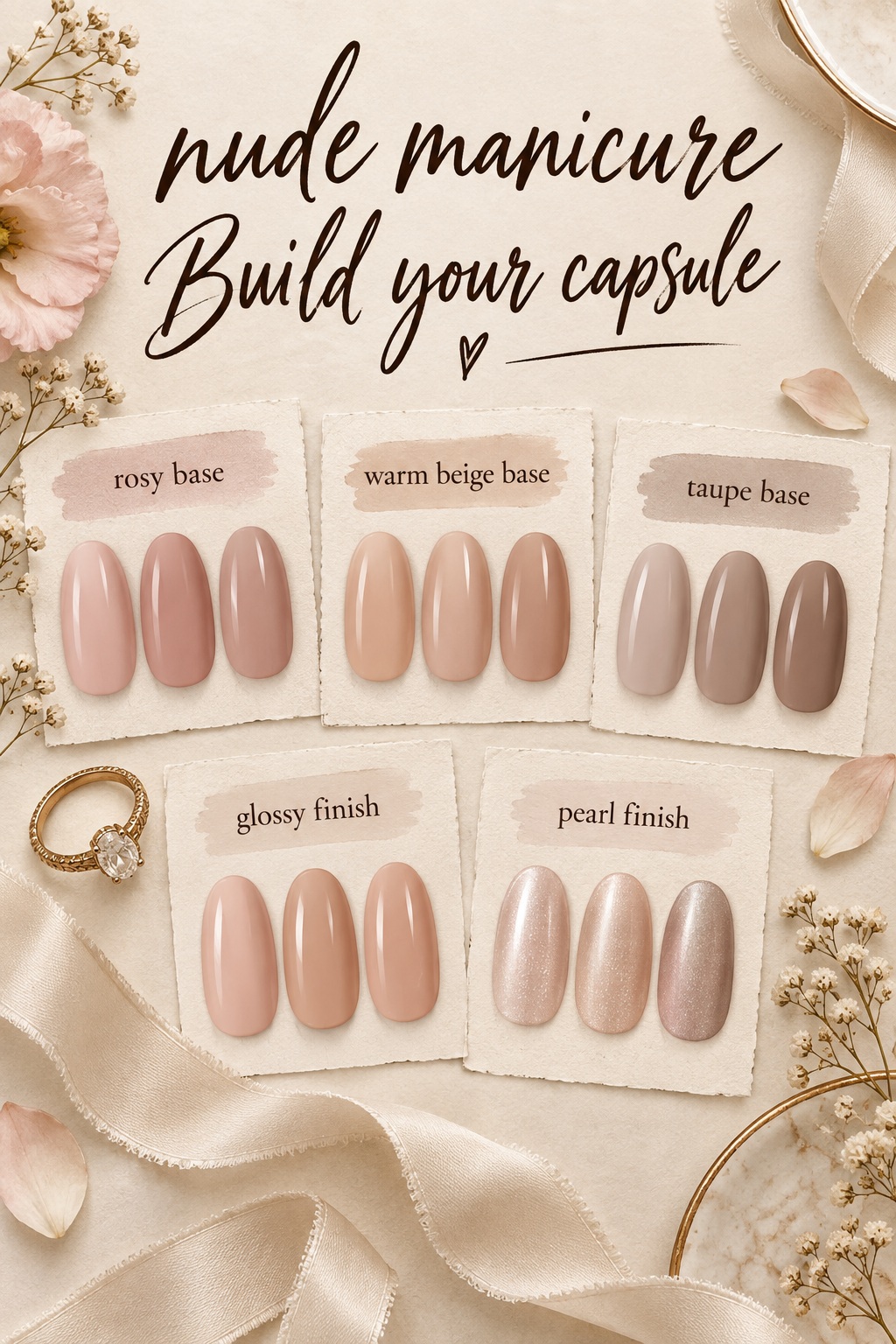 Nude manicure capsule board with rosy, warm beige and taupe nail swatches