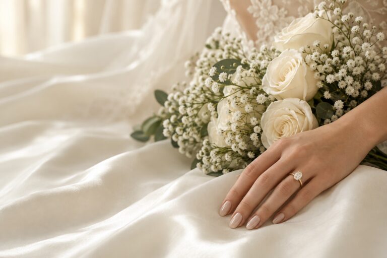 Nude manicure with gold engagement ring resting on ivory silk beside white bridal flowers