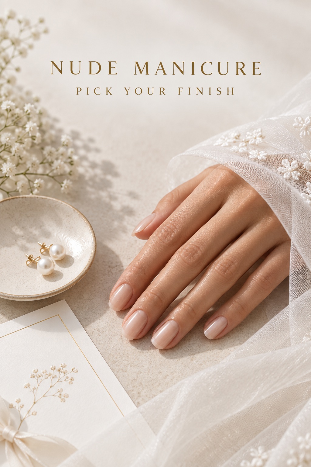 Nude manicure with a pearly finish beside pearl earrings and an ivory invitation