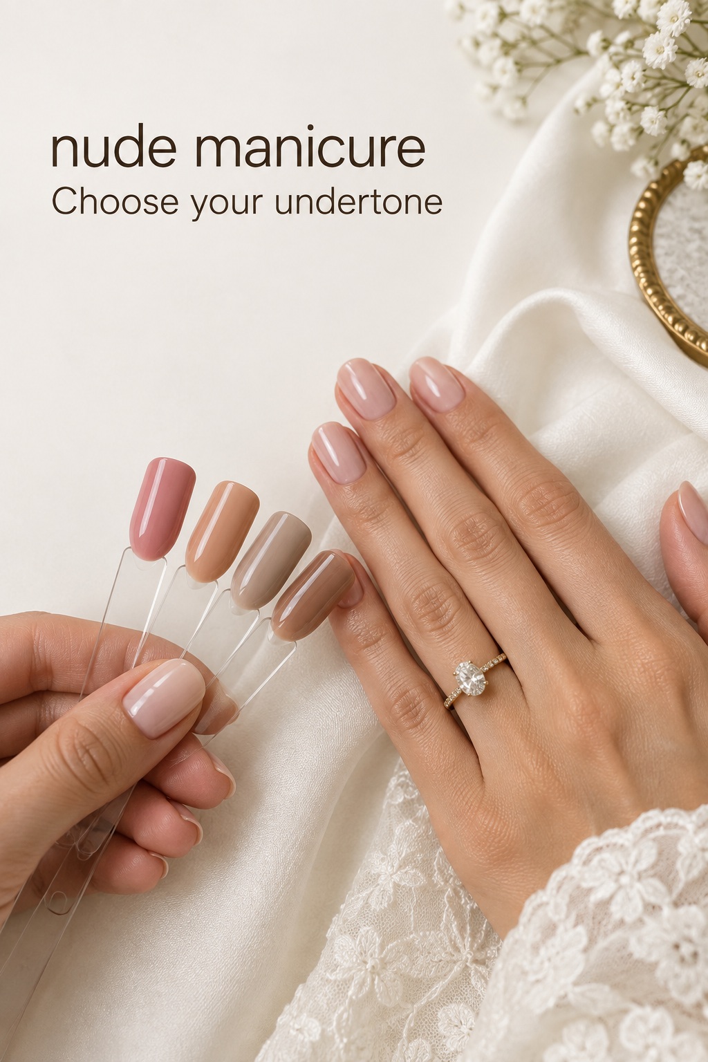 Nude manicure undertone swatches beside a bride's hand with a gold engagement ring
