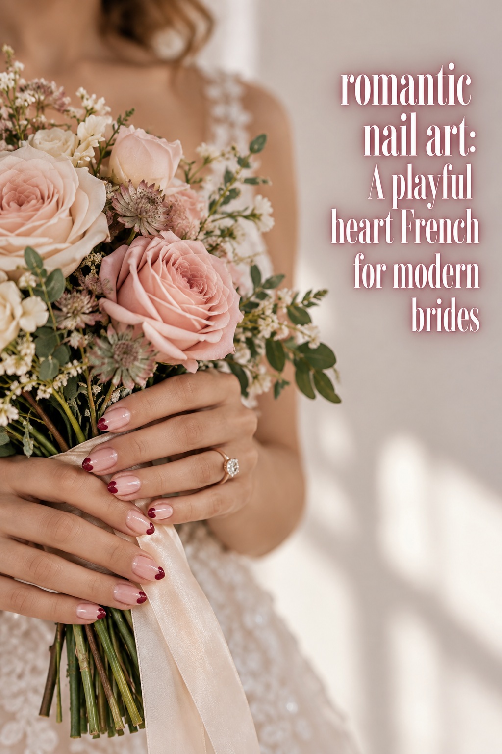 romantic nail art with modern red heart French tips and a blush bouquet