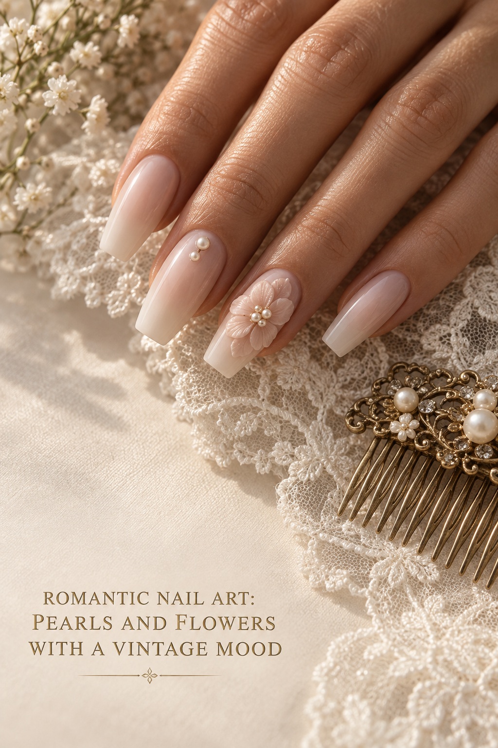romantic nail art with raised blush flowers and tiny pearls beside bridal lace