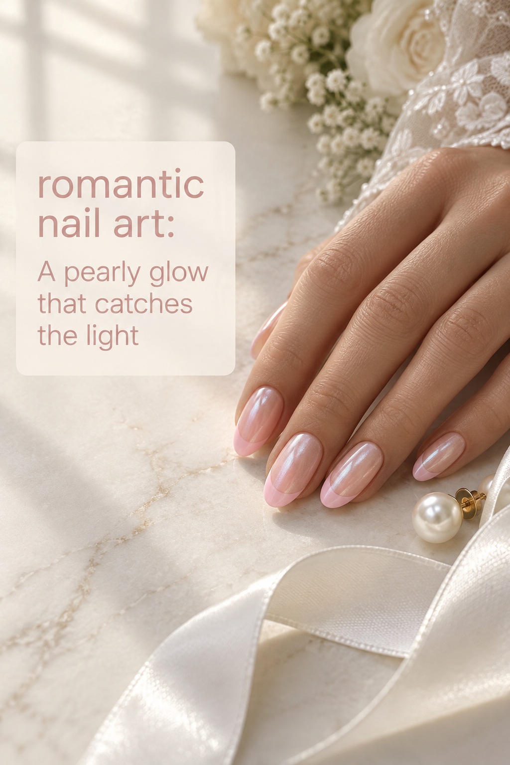 romantic nail art with pearly pink chrome and a soft French tip
