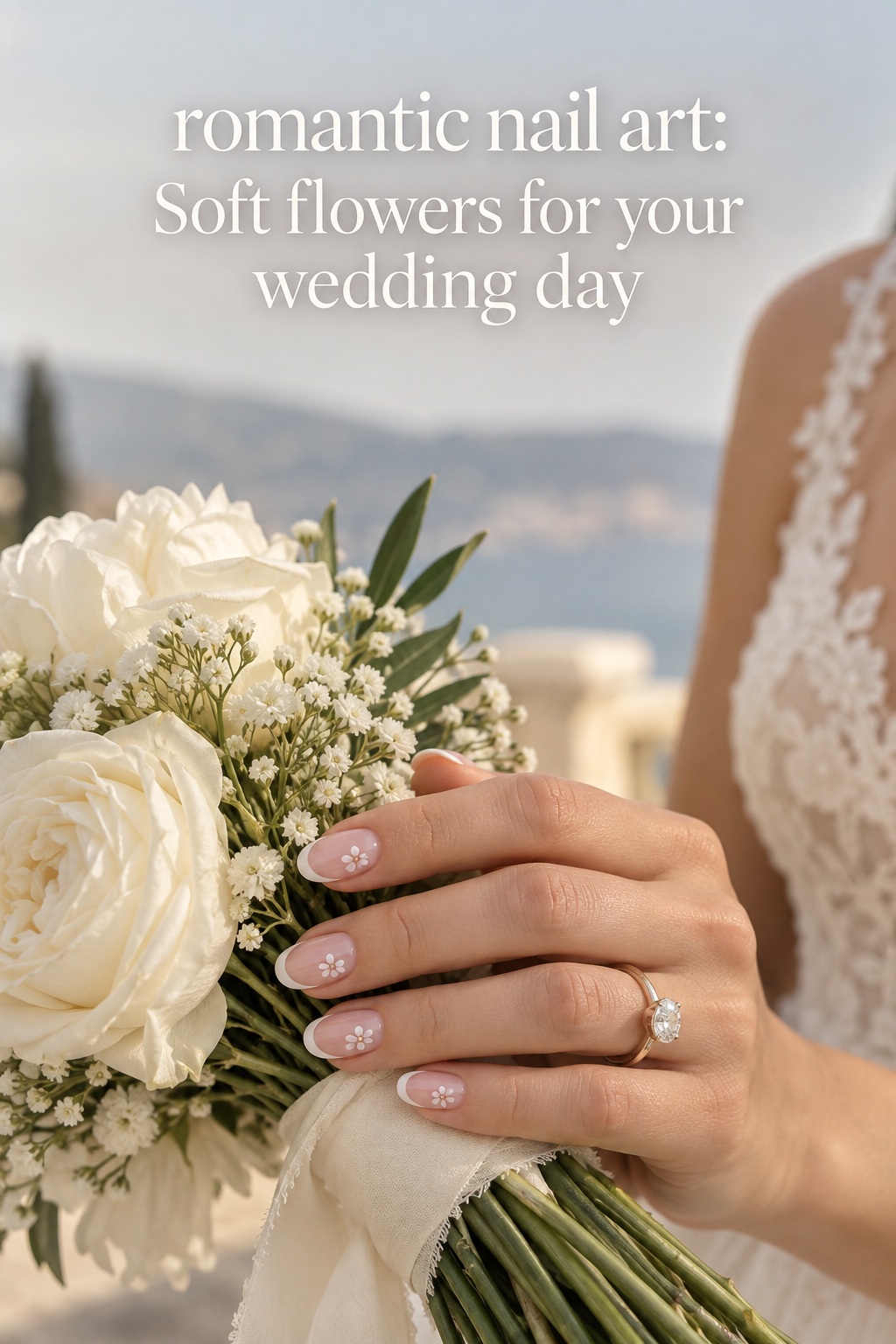 romantic nail art with soft floral French tips beside an ivory bouquet