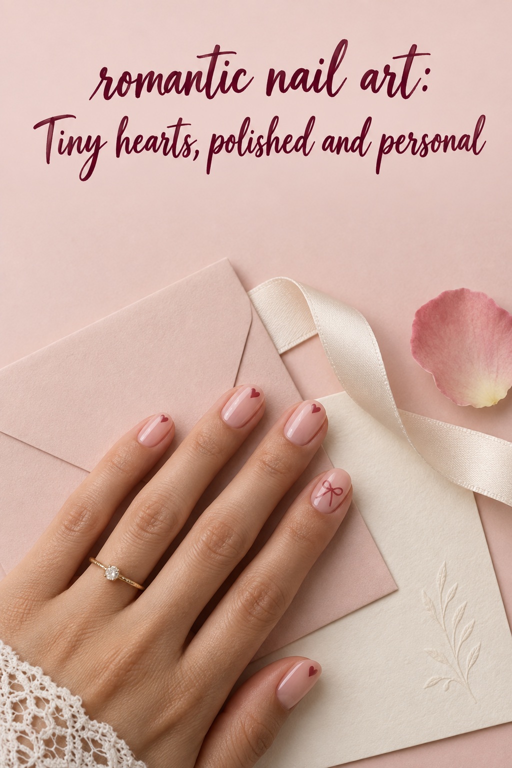 romantic nail art with tiny heart French tips and a ribbon accent
