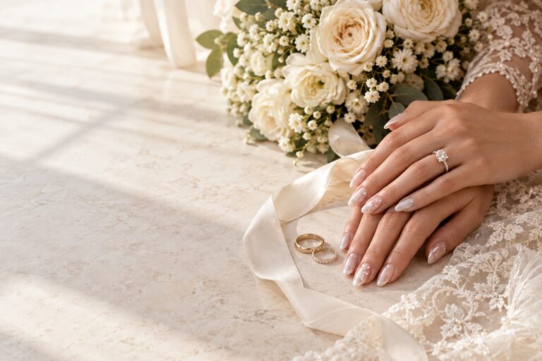 romantic nail art beside wedding rings, ivory flowers, satin ribbon, and lace