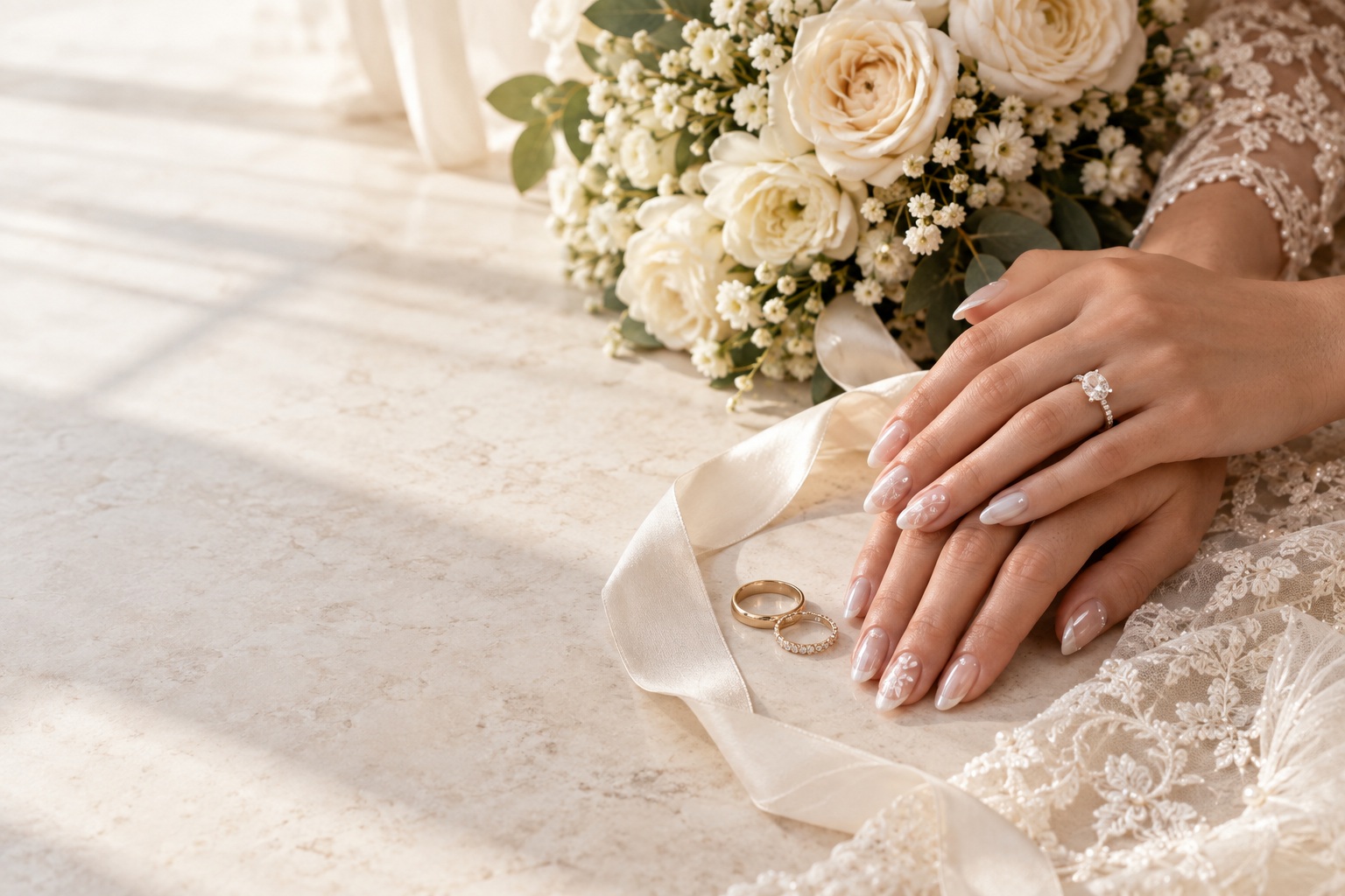 romantic nail art beside wedding rings, ivory flowers, satin ribbon, and lace