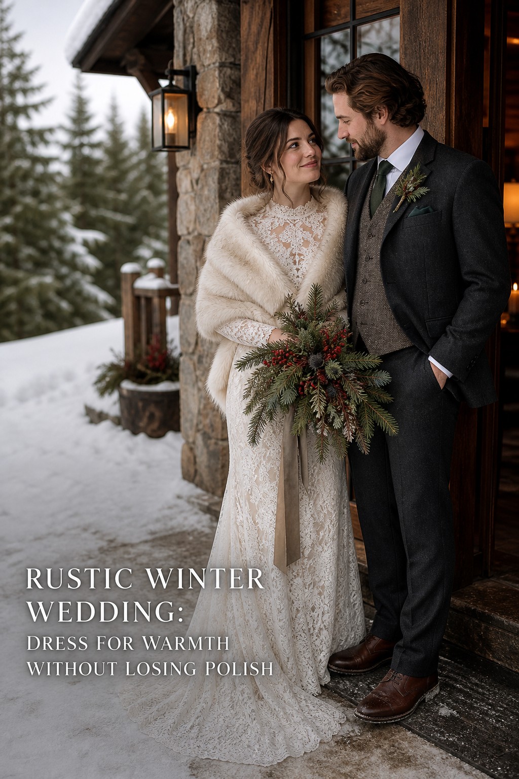rustic winter wedding couple in lace gown wool suit and faux fur wrap