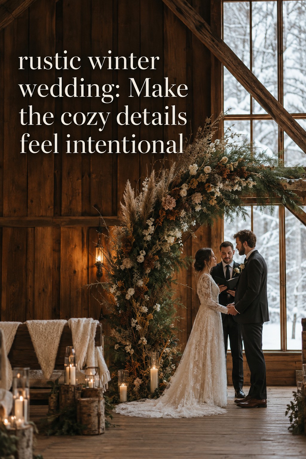 rustic winter wedding ceremony with evergreen arbor and candlelight in a barn