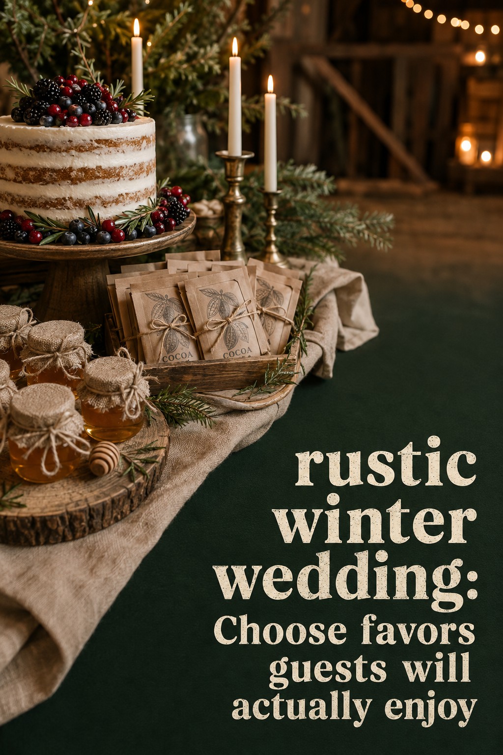 rustic winter wedding favors with cocoa packets honey jars cake and evergreen