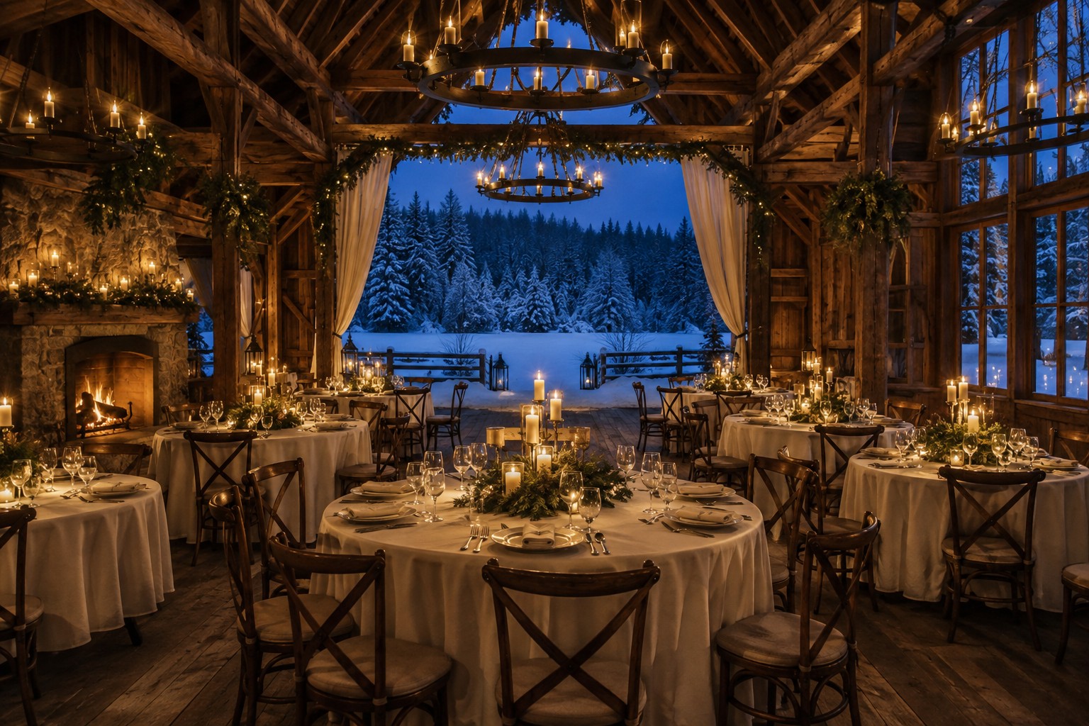rustic winter wedding reception in a candlelit timber barn at blue hour