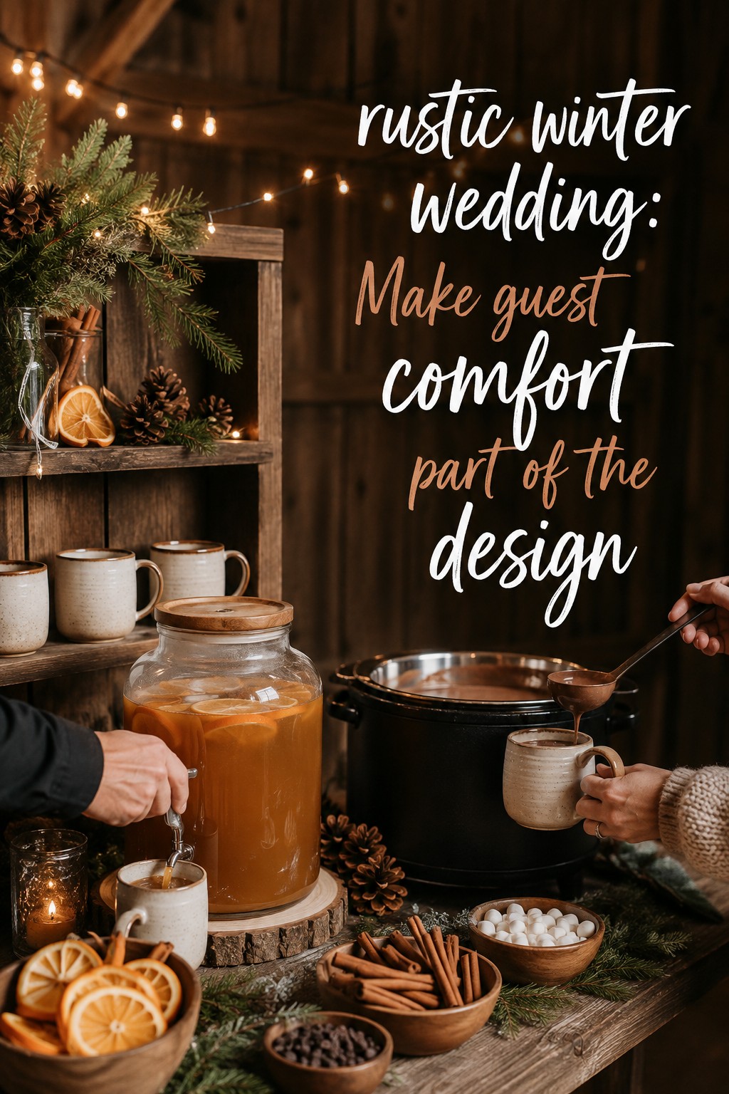 rustic winter wedding hot cider station with mugs pine greenery and candles