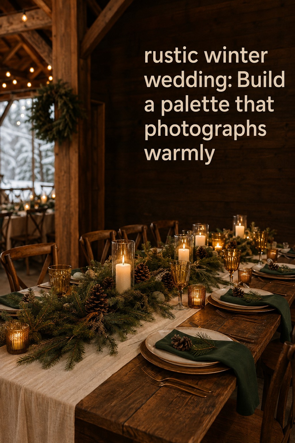 rustic winter wedding reception table with evergreen garland and warm candlelight