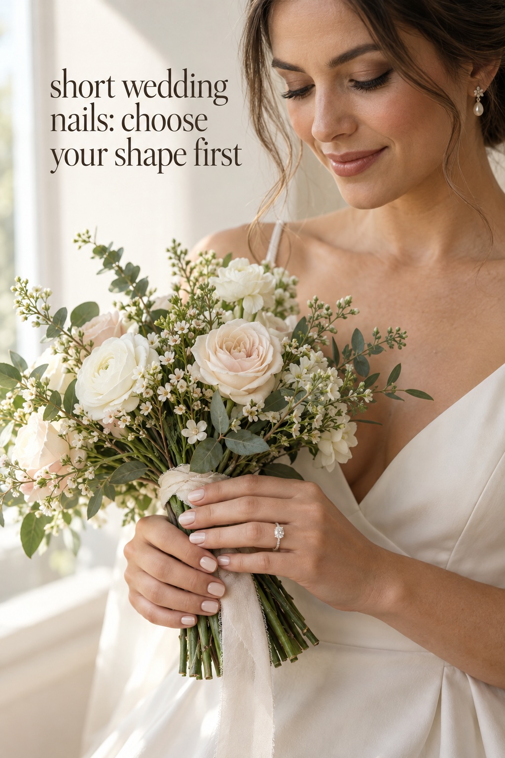 short wedding nails in a polished neutral bridal bouquet moment