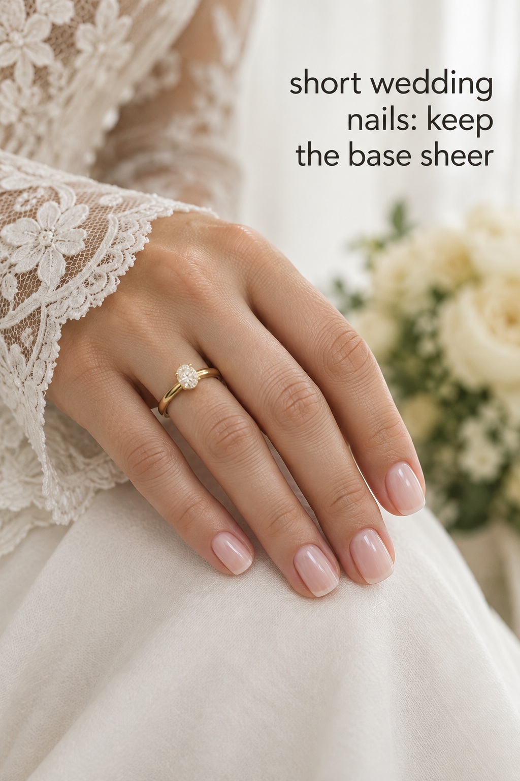 short wedding nails with a sheer pink base beside a gold ring