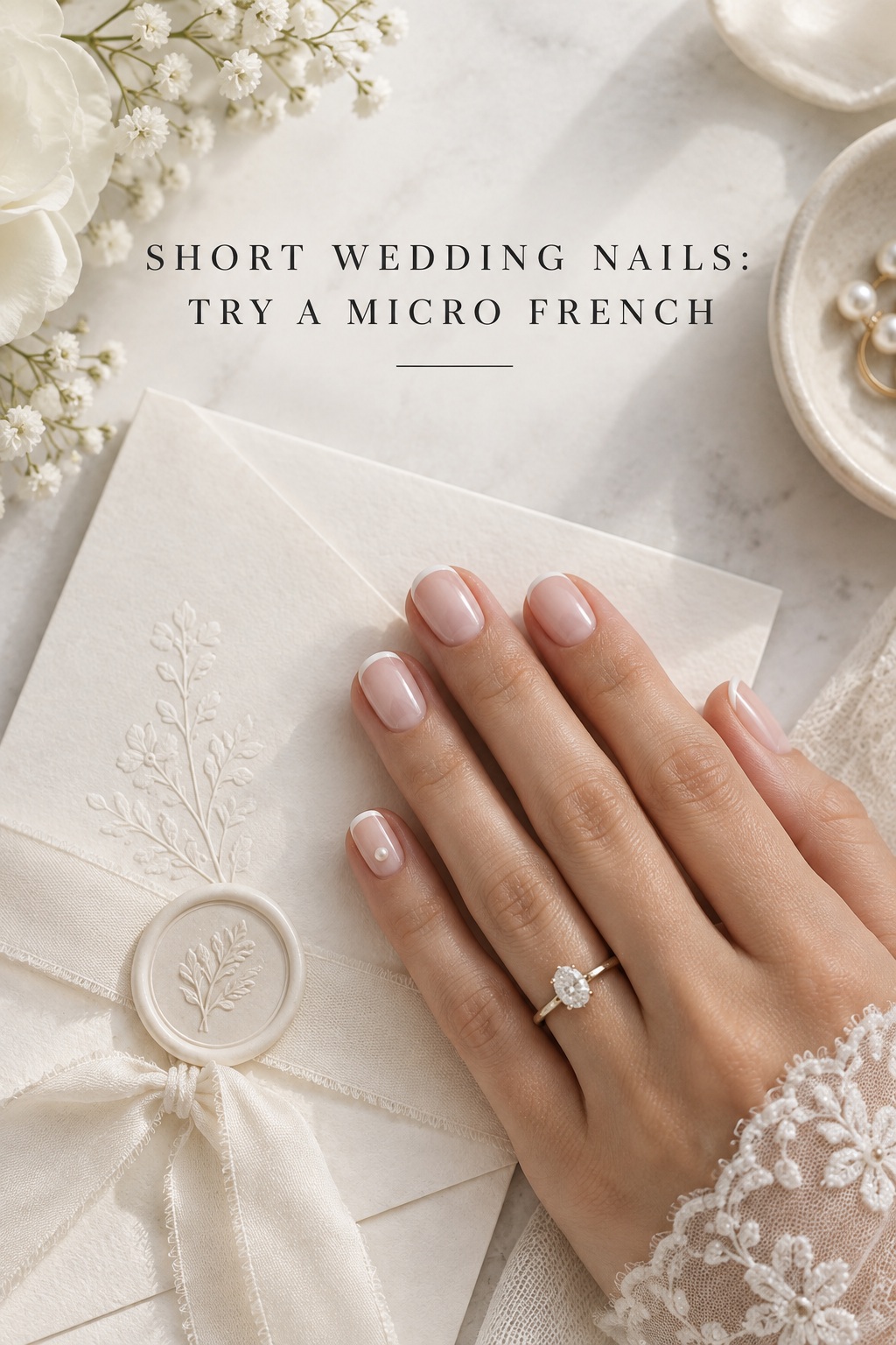 short wedding nails with a micro French tip and pearl accent